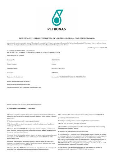 PETRONAS licence to supply products and services to exploration and oil and gas companies in Malaysia